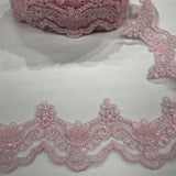 Beaded Corded Lace Trimming 100 Percent Polyester Net Mesh Fabric - Embroidered, 3" Wide, Multiple Colors (1 Yard)