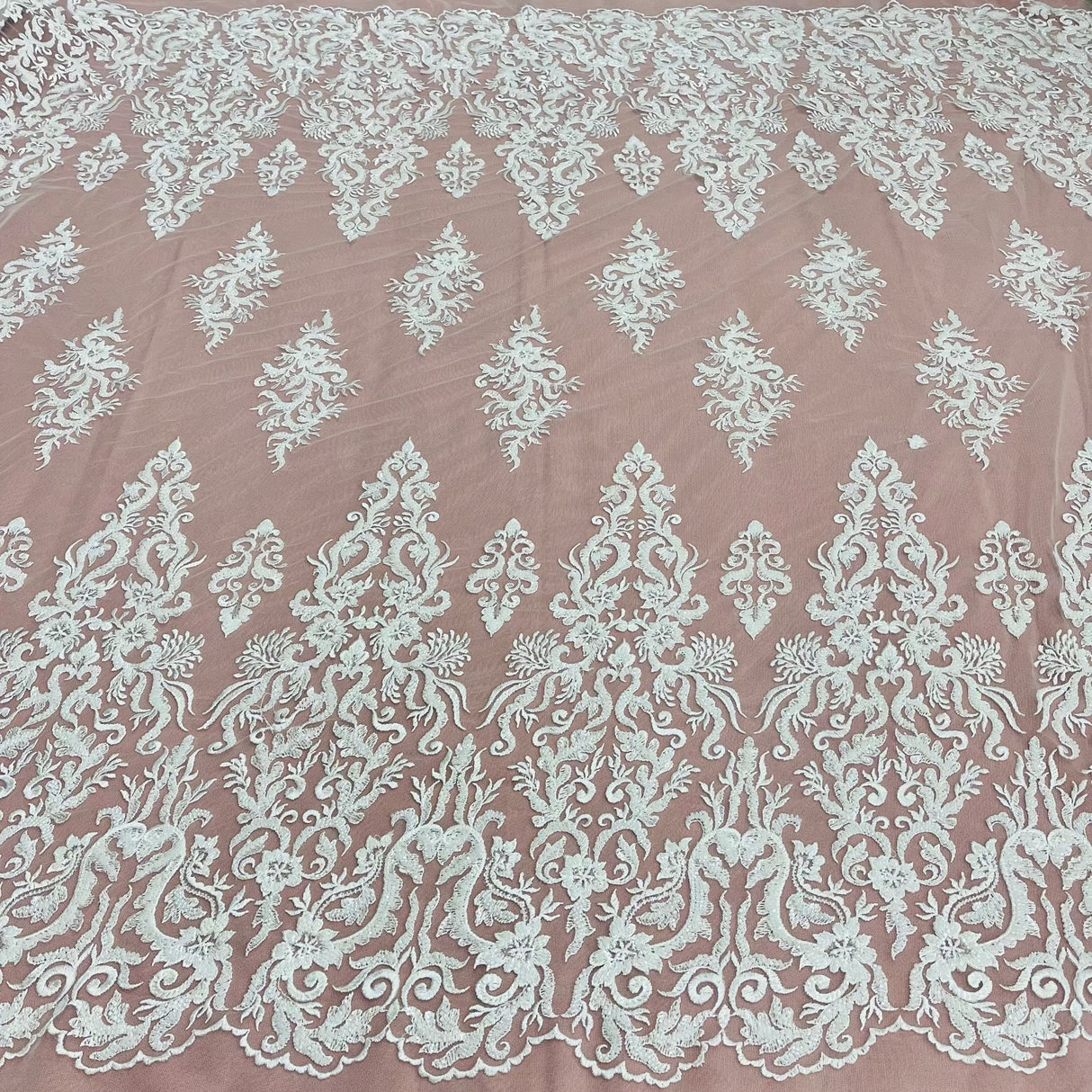 Beaded Sequined Lace Fabric Ivory