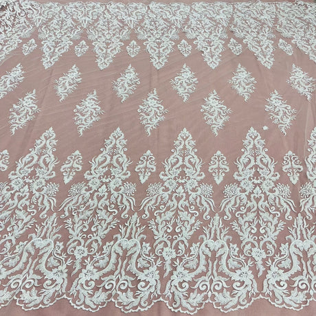Beaded Sequined Lace Fabric Ivory