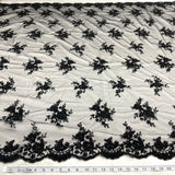 1 Yard Luxurious Beaded & Corded Bridal Lace Fabric Embroidered on Polyester Net Mesh – 54"
