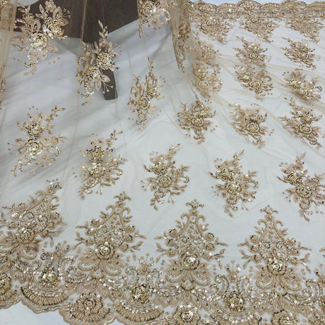 Beaded Lace Fabric Embroidered On 100% Polyester Net Mesh Fabric - Gold, Beaded Sequined Embroidered Lace, 50" Width (1 Yard)