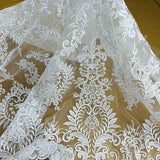 1 Yard Silver Corded Bridal Lace Fabric Embroidered on Polyester Net Mesh Floral Design 52 Inch Width