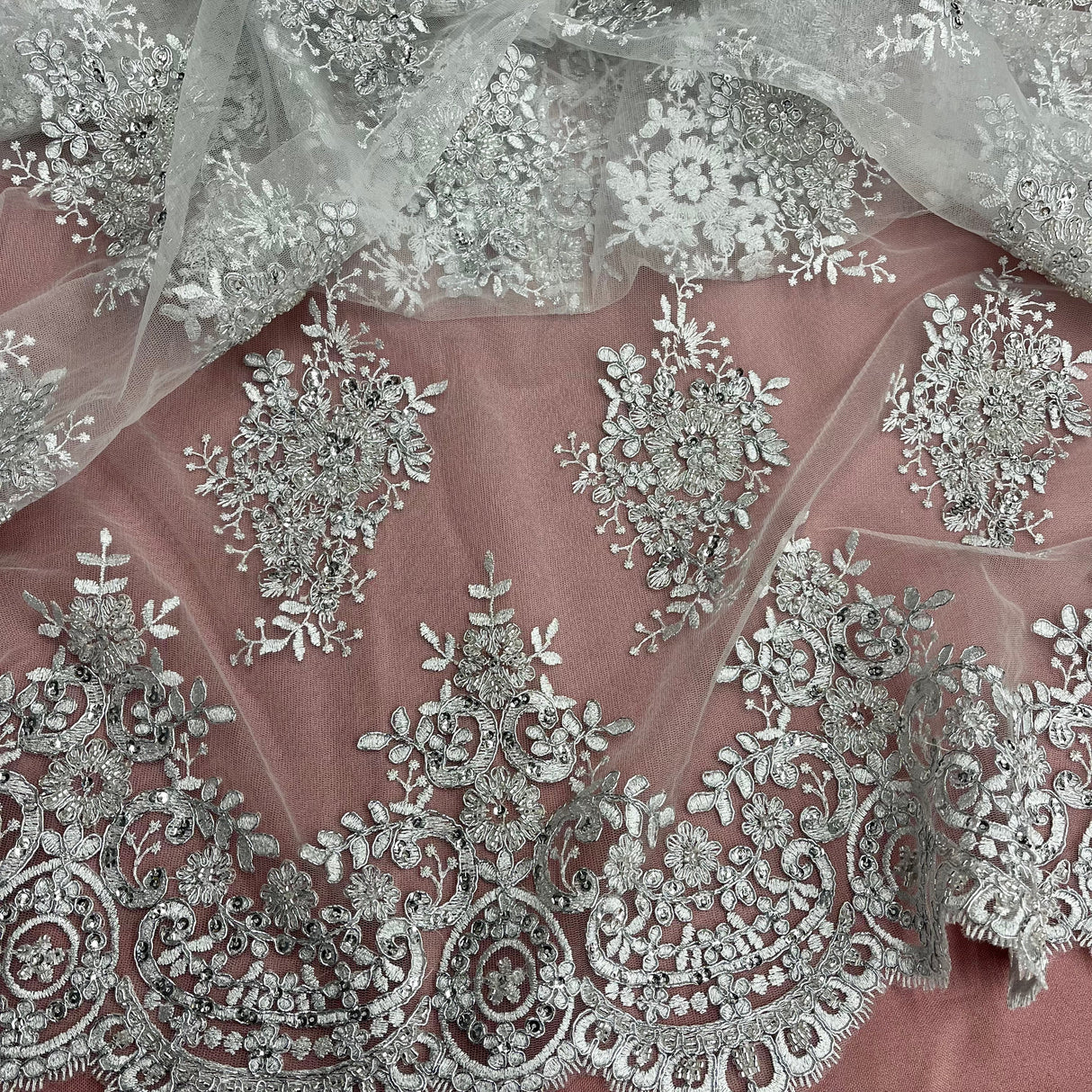 Beaded Corded Lace Fabric on Polyester Net Mesh