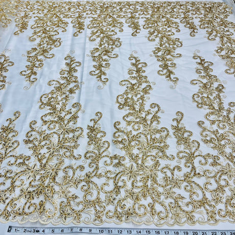 1 Yard Beaded and Corded Bridal Lace Fabric Embroidered on Polyester Net Mesh 51 inch Width