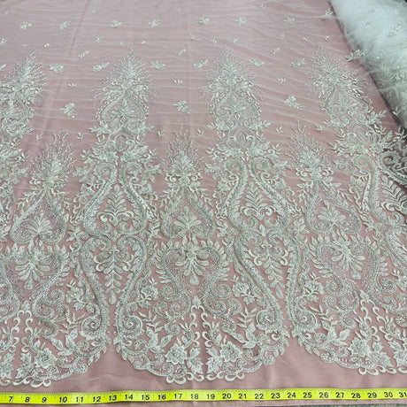 Beaded Lace Fabric Embroidered On 100 Percent Polyester Net Mesh - White, Ivory, Antique Silver, 54" Width (1 Yard)
