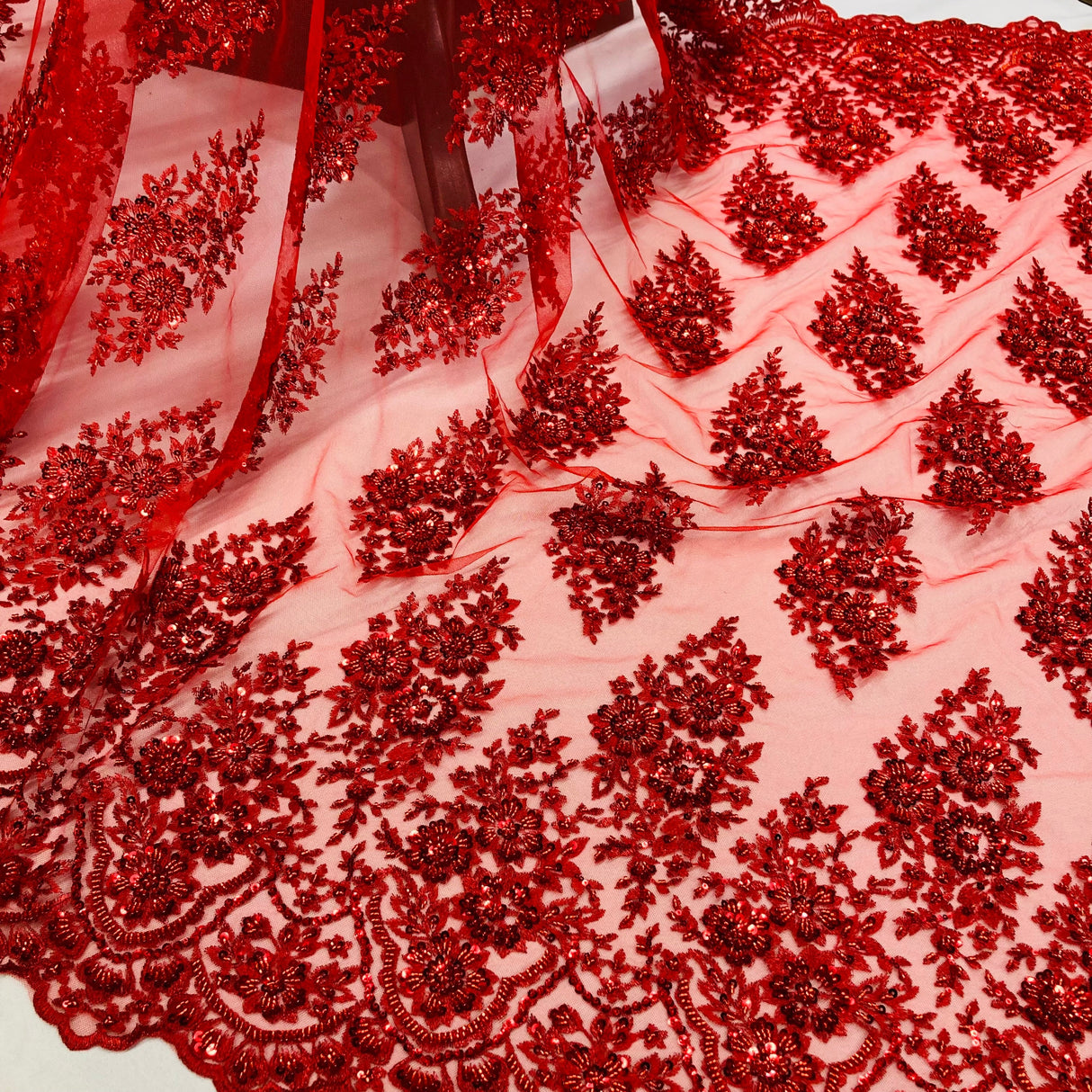Beaded Embroidered Lace Mesh Coral