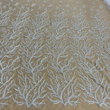 Beaded Lace Fabric Embroidered With Fuzzy Thread On 100 Percent Polyester Net Mesh - Ivory, Silver, White, Gold, 54" Wide (1 Yard)