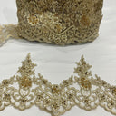 Beaded Corded Floral Lace Trimming Polyester Fabric - Floral Embroidered Net Mesh, 6" Width (1 Yard)