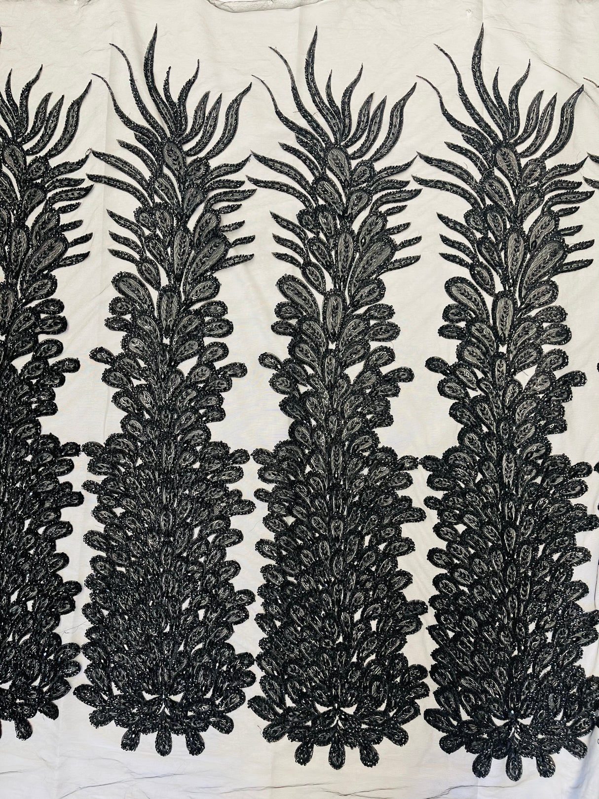 New Vegas Heavy Beaded Feather Design Embroidery Mesh Fabric - Beaded Feather Design, 11" Width, 50" Length (1 Panel)