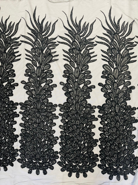 New Vegas Heavy Beaded Feather Design Embroidery Mesh Fabric - Beaded Feather Design, 11" Width, 50" Length (1 Panel)