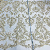 1 Yard Silver Corded Bridal Lace Fabric Embroidered on Polyester Net Mesh Floral Design 52 Inch Width