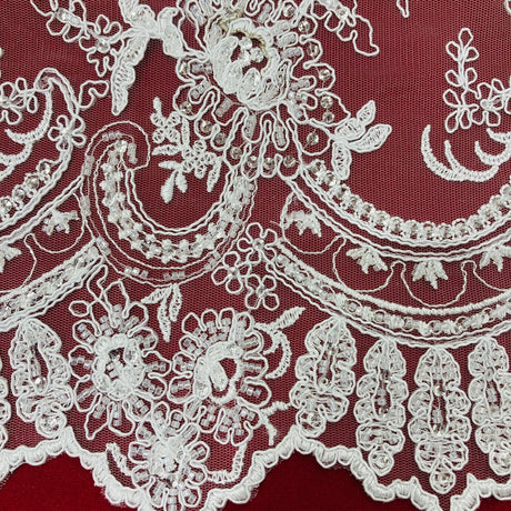 Beaded & Corded Lace Trimming 100 Percent Polyester Net Mesh Fabric - White, Ivory, 14" Width (1 Yard)