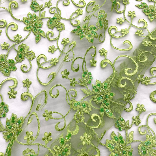 1 Yard Silver Beaded and Corded Bridal Fabric Lace Embroidered on Polyester Net Mesh for Wedding and Evening Gowns – 54"