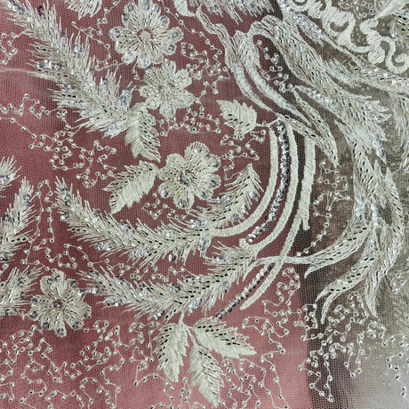Beaded Lace Fabric - Embroidered 100 Percent Polyester Net Mesh, White, Ivory, Antique Silver, 56" Width (1 Yard)