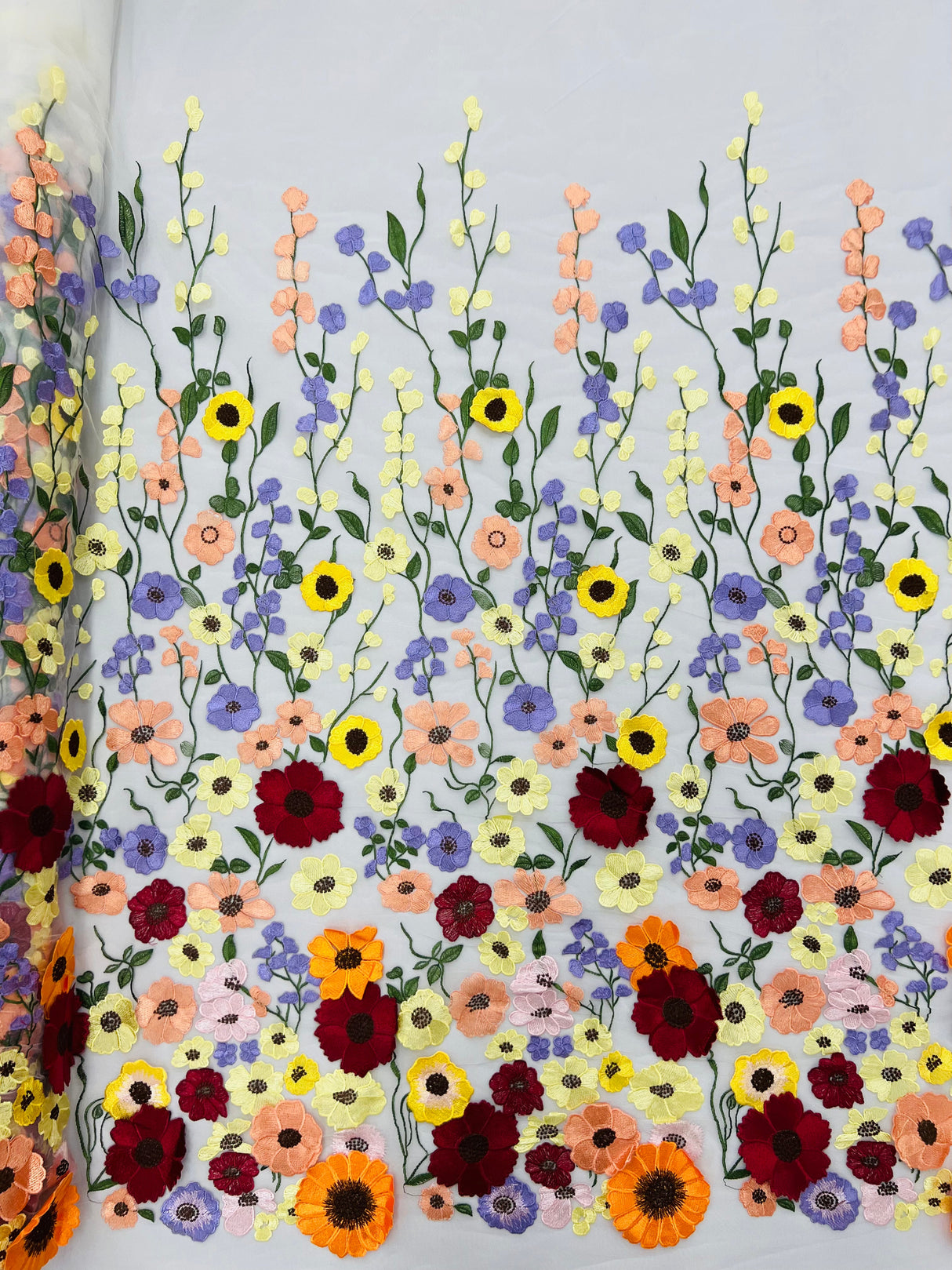 Multi Color Sun Flower 3D Design Embroidered Mesh Lace Fabric - Multi Color Sun Flower, Double Scallop, 48/50" Width (1 Yard)