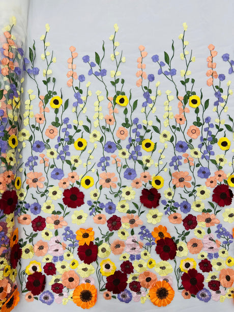 Multi Color Sun Flower 3D Design Embroidered Mesh Lace Fabric - Multi Color Sun Flower, Double Scallop, 48/50" Width (1 Yard)