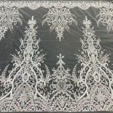 Beaded Lace Fabric Embroidered On 100 Percent Polyester Net Mesh - Gold, Silver, Ivory, White, 52" Width (1 Yard)