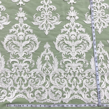 1 Yard Exquisite Corded Bridal Lace Fabric Embroidered on 100% Polyester Net Mesh White