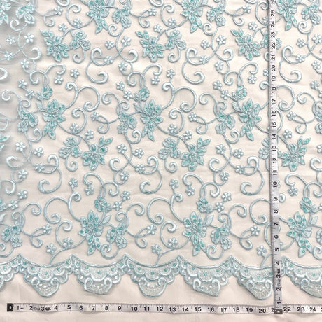 Beaded Corded Bridal Lace Polyester Fabric - Embroidered Net Mesh, 54" Width (1 Yard)