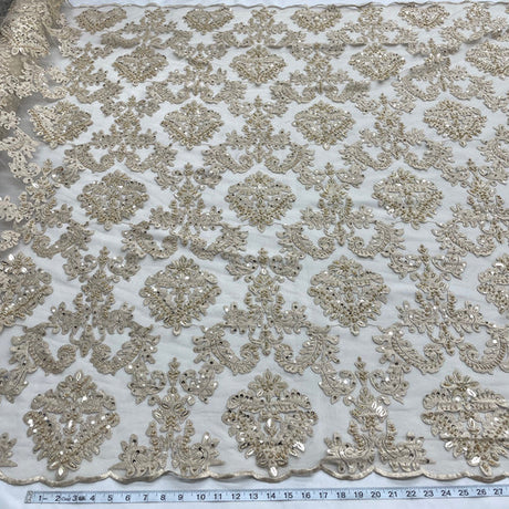1 Yard Beaded Lace Fabric Embroidered 100 Percent Polyester Net Mesh 56 inch Width