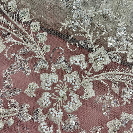 Beaded Lace Fabric on Polyester Net Mesh