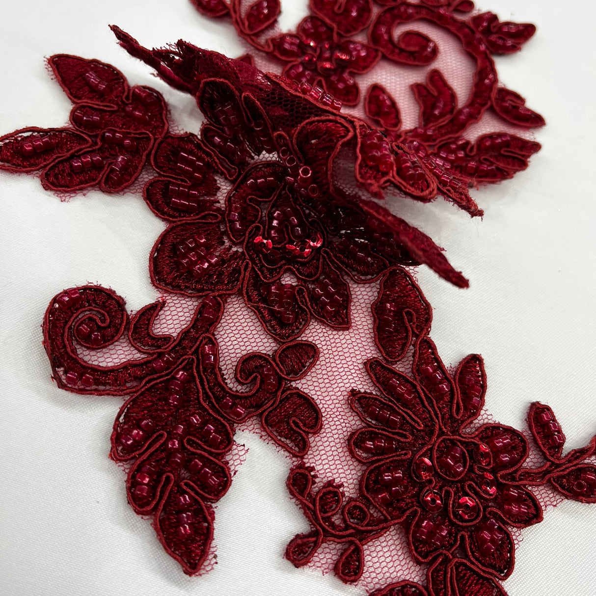 Beaded Corded Floral Lace Applique on Polyester Net Mesh
