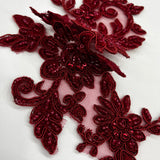 Beaded Corded Floral Lace Applique on Polyester Net Mesh