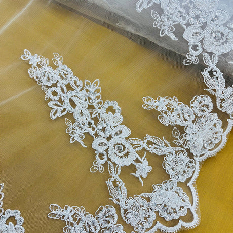 1 Yard Ivory Beaded and Corded Bridal Lace Fabric Embroidered on Polyester Net Mesh 54 Inch Width