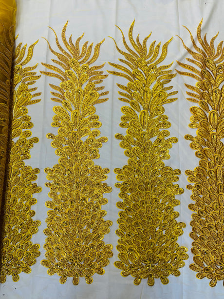 New Vegas Heavy Beaded Feather Design Embroidery Mesh Fabric - Beaded Feather Design, 11" Width, 50" Length (1 Panel)