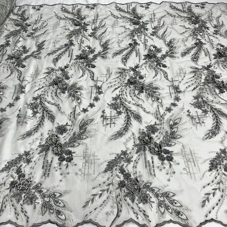 1 Yard Beaded Rhinestone 3D Floral Lace Fabric Embroidered 100 Percent Polyester Net Mesh 50 inch Width