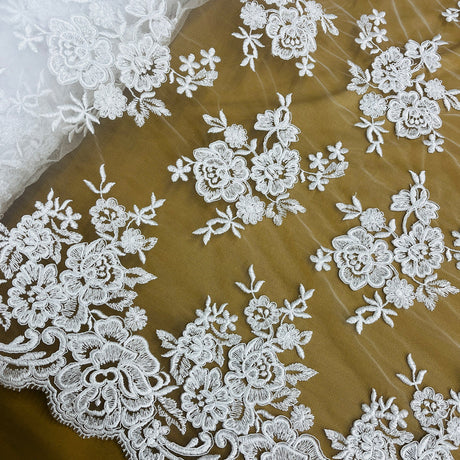 1 Yard Ivory Corded Bridal Lace Fabric Embroidered on Polyester Net Mesh 51 Inch Width