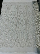 Heavy Beaded Damask Lace Polyester Fabric - Embroidered Beaded Mesh Lace, Double Scallop, 54" Width (1 Yard)