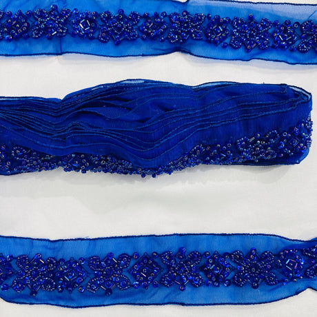 Beaded Lace Trimming Embroidered On 100 Percent Polyester Organza Fabric - Royal Blue/Turquoise Beaded Embroidered Trim, 2" Width (1 Yard)