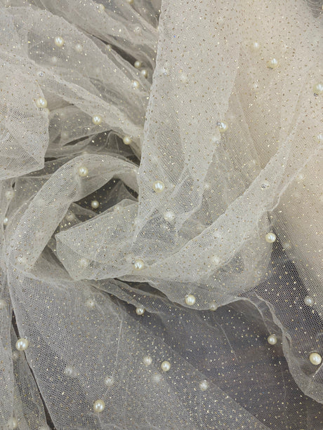 Glitter Mesh Fabric with Pearls