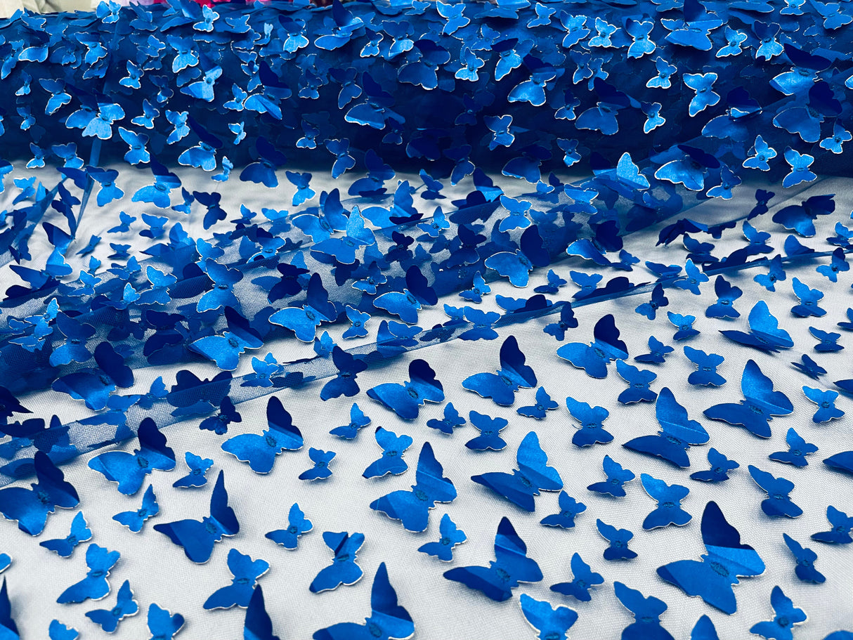 3D Butterfly Metallic Design Polyester Fabric - Metallic Butterfly Embroidery, Mesh Lace, 58" Width (1 Yard)