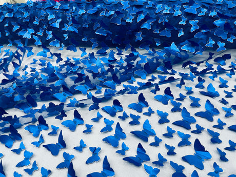 3D Butterfly Metallic Design Polyester Fabric - Metallic Butterfly Embroidery, Mesh Lace, 58" Width (1 Yard)