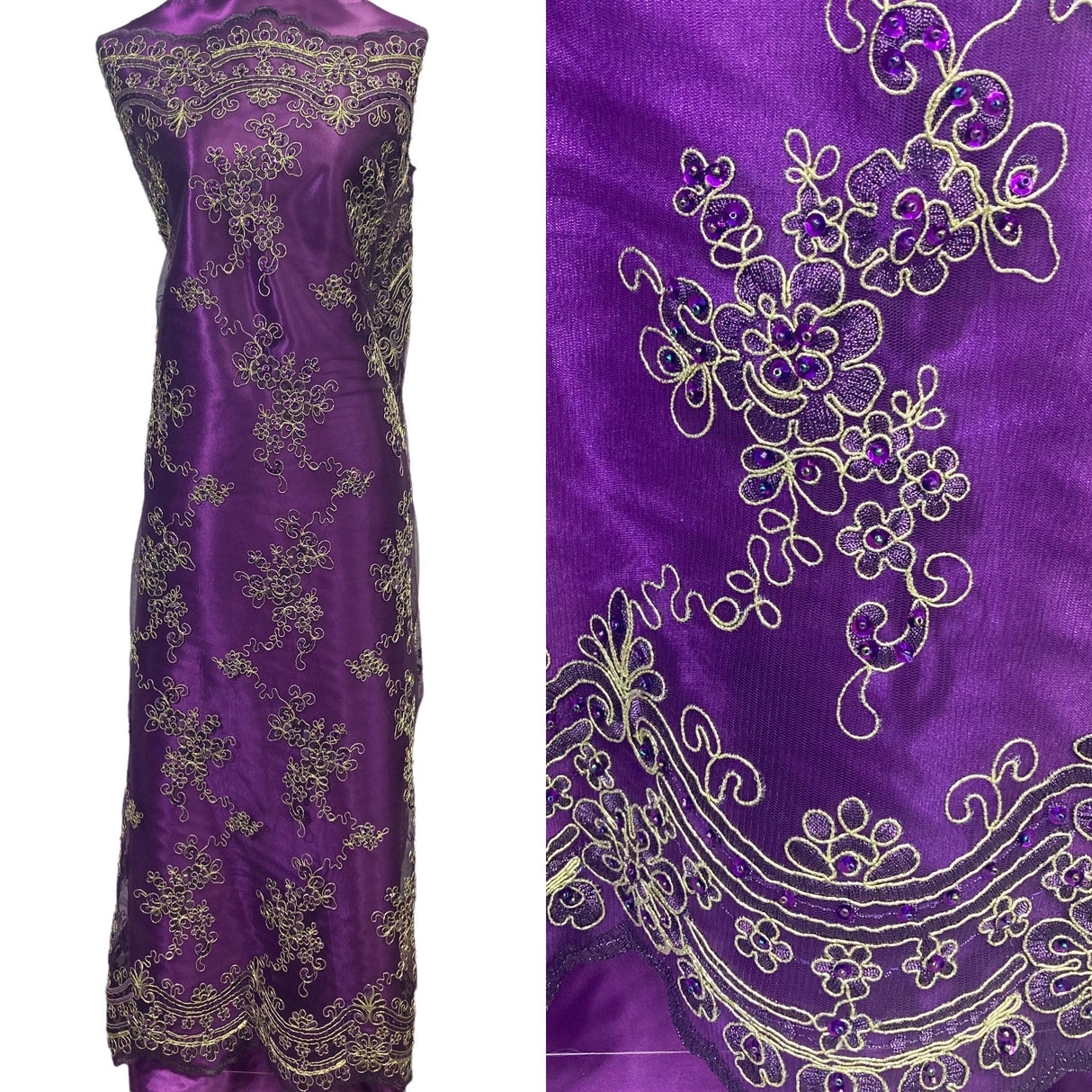 Pearl Embroidered Bridal Lace Fabric Purple with Gold 54"