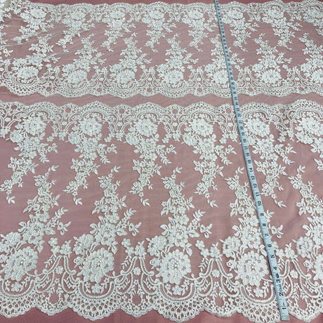 Corded Bridal Lace Polyester Fabric - Embroidered Floral Design, 50" Width (1 Yard)