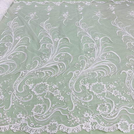1 Yard - Corded Bridal Lace Fabric Embroidered on 100% Polyester Net Mesh - 54"