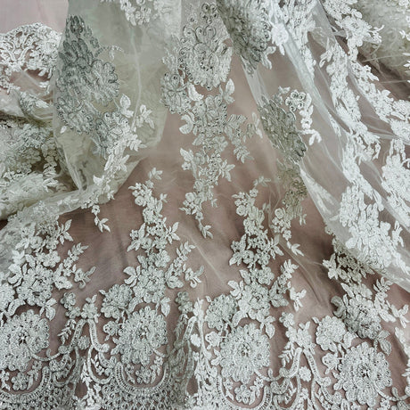 1 Yard 53" Wide Beaded & Corded Bridal Lace Fabric Embroidered on 100% Polyester Net Mesh