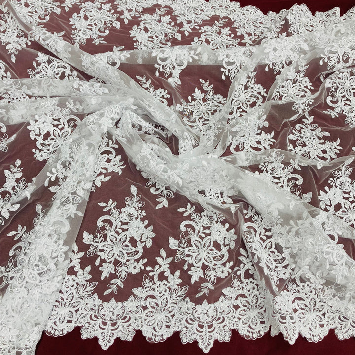 1 Yard Premium Beaded and Corded Bridal Lace Fabric Embroidered on 100% Polyester Net Mesh White