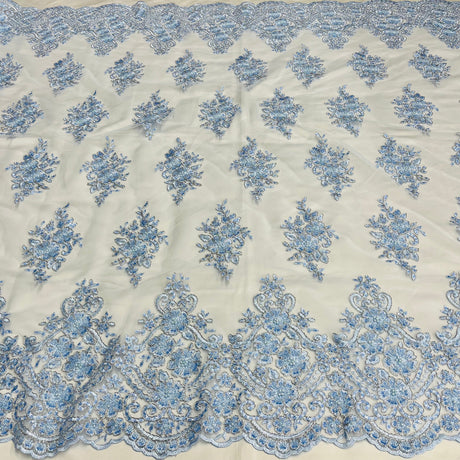 Beaded Corded Lace Fabric With Scallops