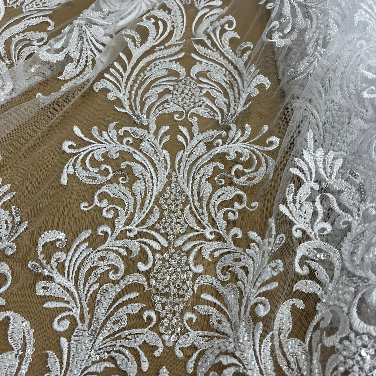 Beaded Lace Fabric on Polyester Net Mesh