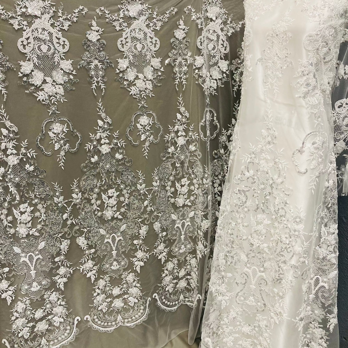 Beaded Lace Fabric Embroidered On 100 Percent Polyester Net Mesh Lace - Gold, Silver, Off White, White, 52" Width (1 Yard)