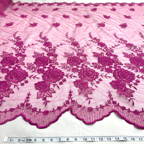 1 Yard Beaded Lace Fabric Embroidered on 100% Polyester Net Mesh | Lace USA - 30146W-BP - Fuchsia - 52" Wide