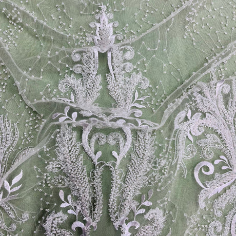 Beaded Lace Fabric Embroidered With Fuzzy Thread on 100 Percent Polyester Net Mesh - Ivory, Silver, White, Gold, 53" Width (1 Yard)