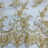 Beaded & Corded Bridal Polyester Lace Fabric - Embroidered Net Mesh, 51" Width (1 Yard)