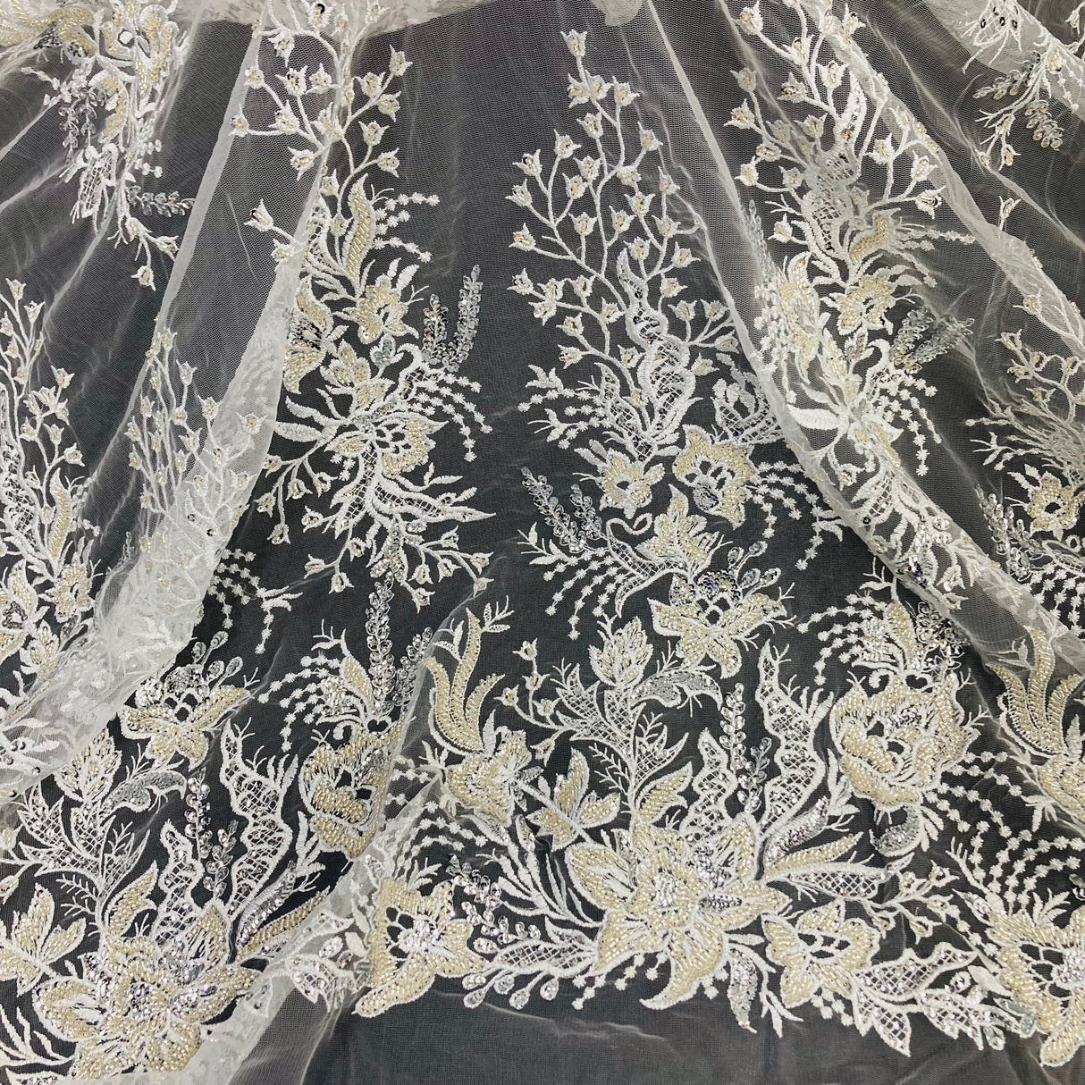 Beaded Lace Fabric on Polyester Net Mesh