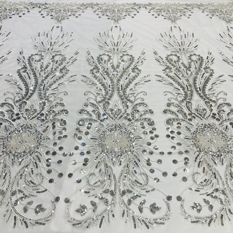 Beaded Lace Fabric Embroidered On 100 Percent Polyester Net Mesh - Gold, Silver, Ivory, White, 52" Wide (1 Yard)