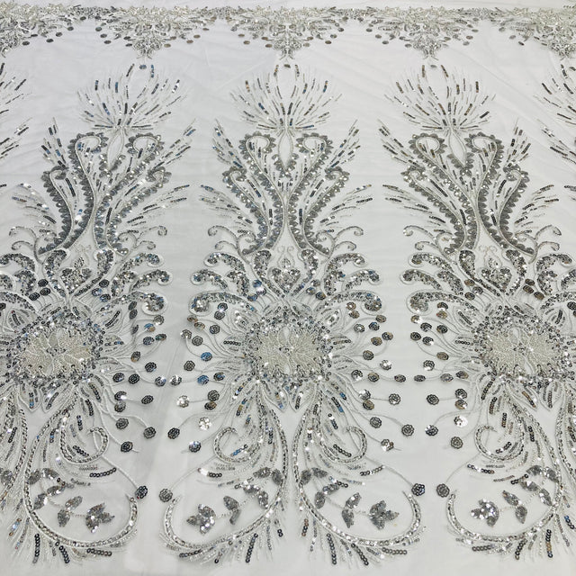 Beaded Lace Fabric Embroidered On 100 Percent Polyester Net Mesh - Gold, Silver, Ivory, White, 52" Wide (1 Yard)